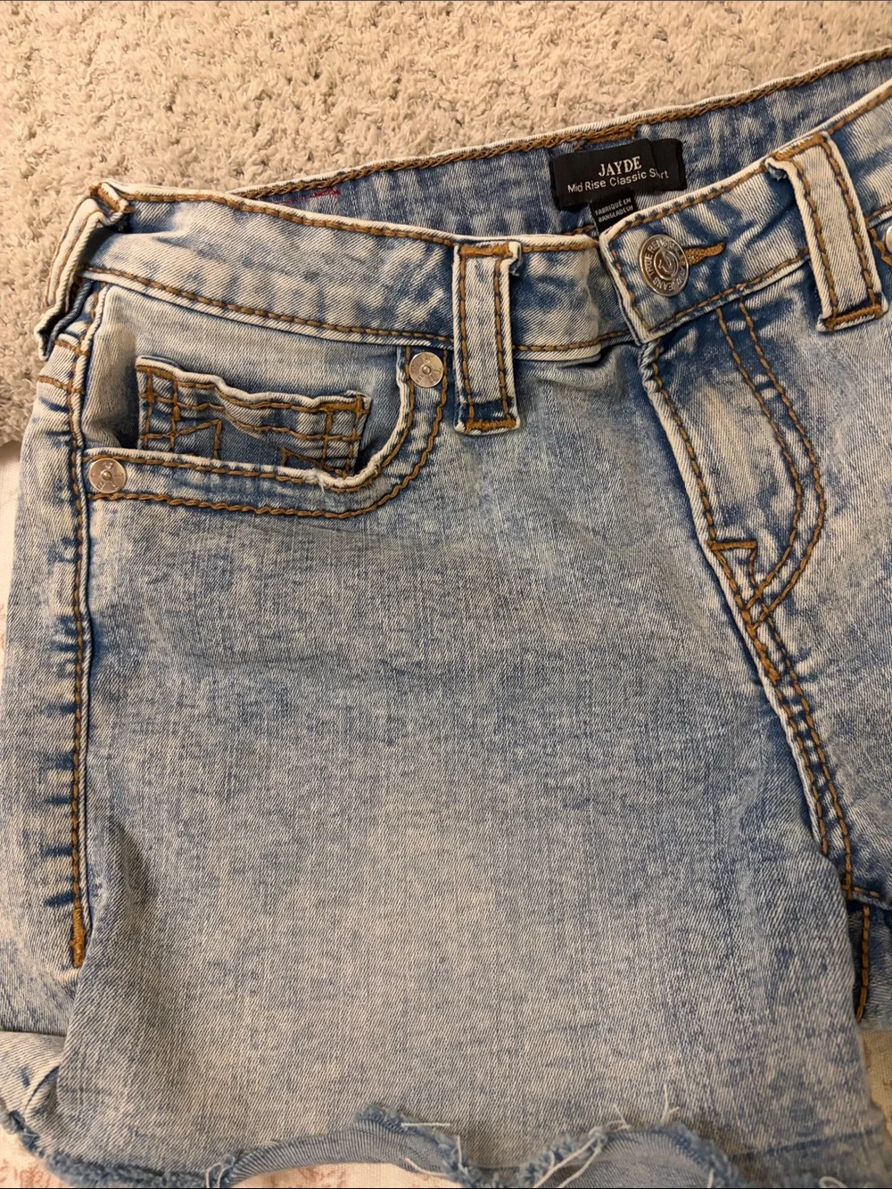 True Religion Light Blue Distressed Denim Shorts